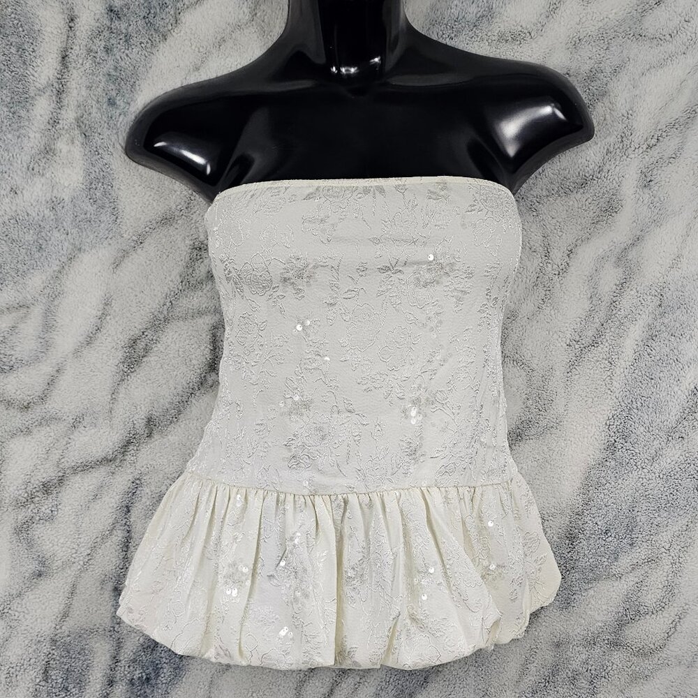 Motel XXL Saya Strapless Cream Sequin Jacquard Peplum Shirred Bandeau Top